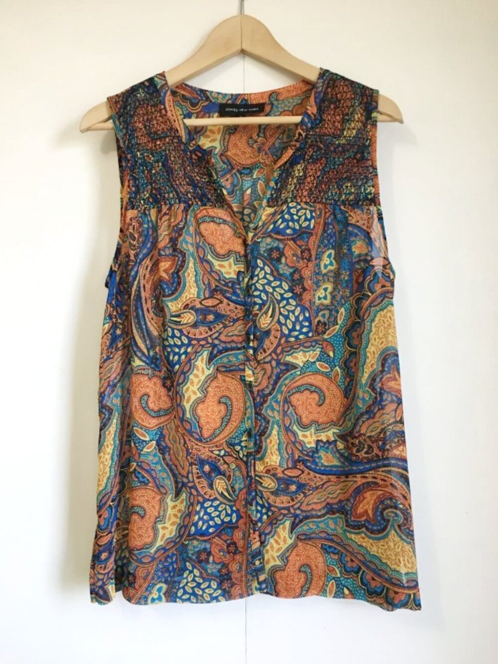 Jones New York Jewel Tone Paisley Sleeveless Button Up Blouse Shell Large